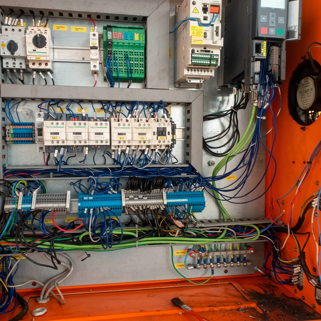 Painel elétrico de automação com cabeamento organizado e componentes industriais