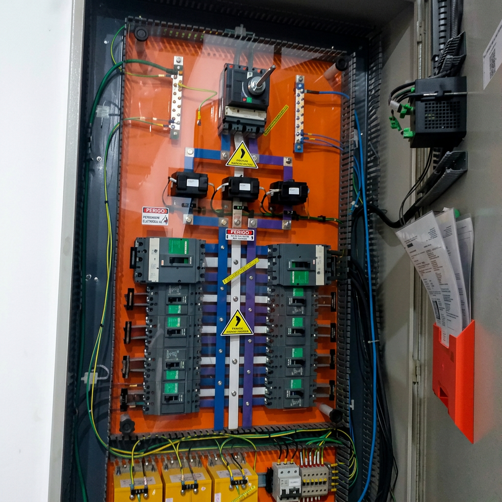 Quadro geral de distribuição industrial com barramentos e disjuntores em cabine