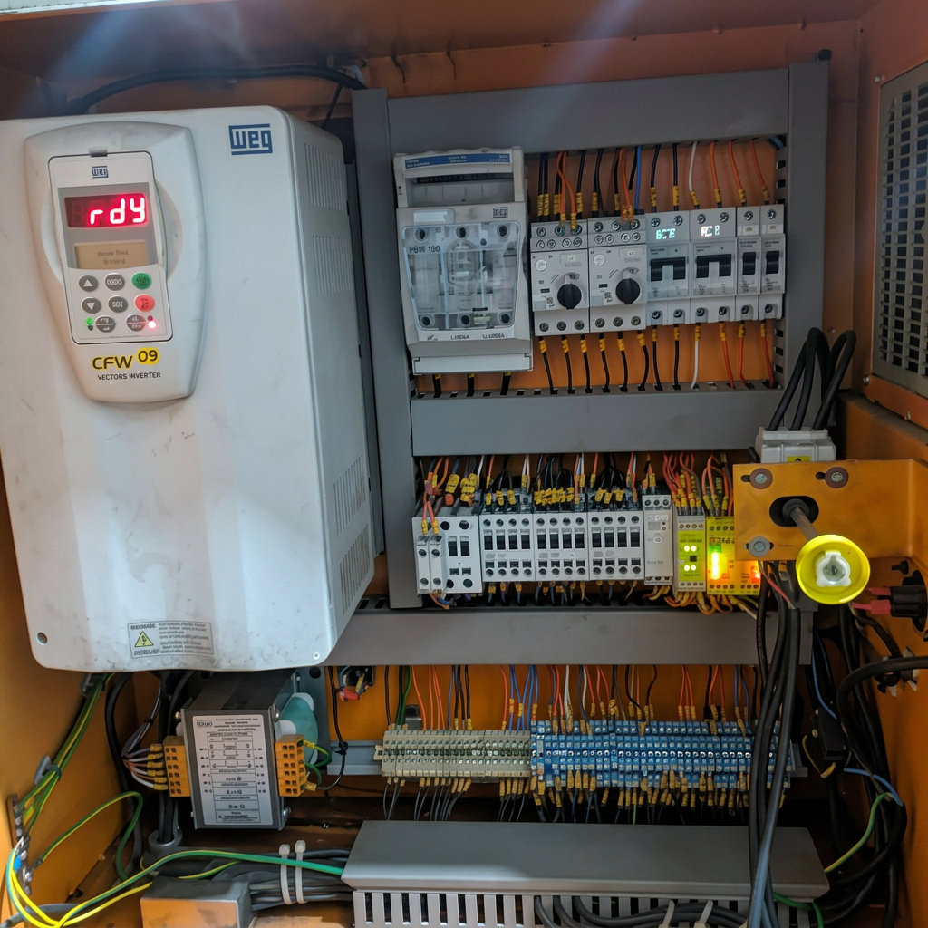 Painel com inversor WEG, proteção e comando em instalação industrial