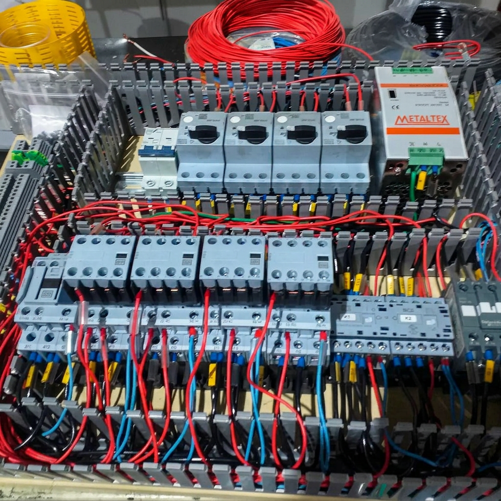 Montagem de comando elétrico com contatores, disjuntores e organização de fiação