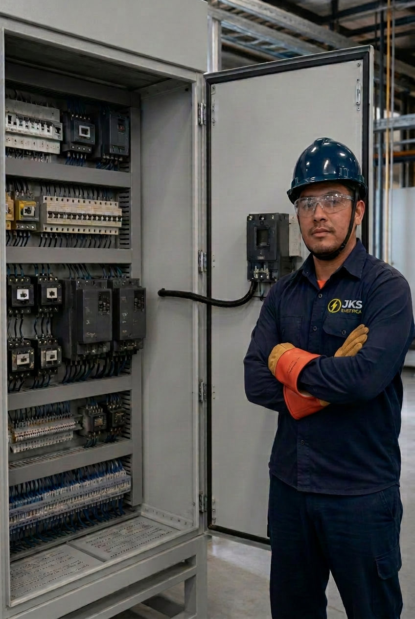 Cabine elétrica industrial com disjuntores e contatores