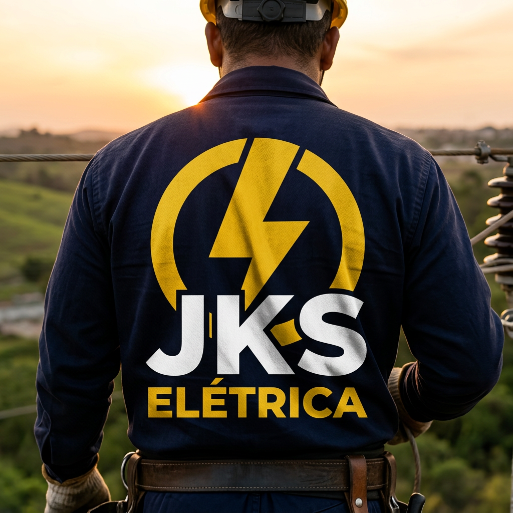 Eletricista JKS uniformizado em poste de rede de média tensão