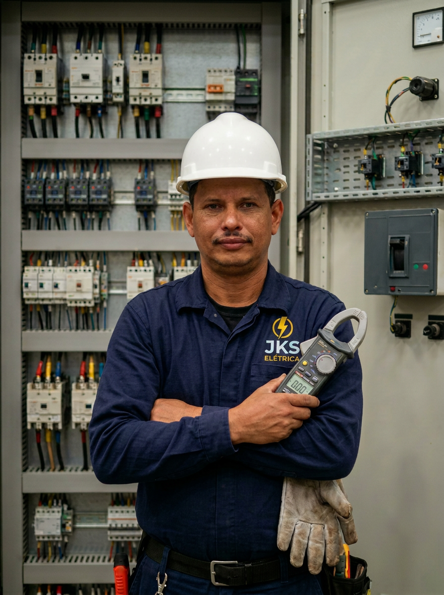 Jaelson Santos, técnico eletricista e graduando em Engenharia Elétrica, fundador da JKS Elétrica, com amperímetro digital diante de painel industrial
